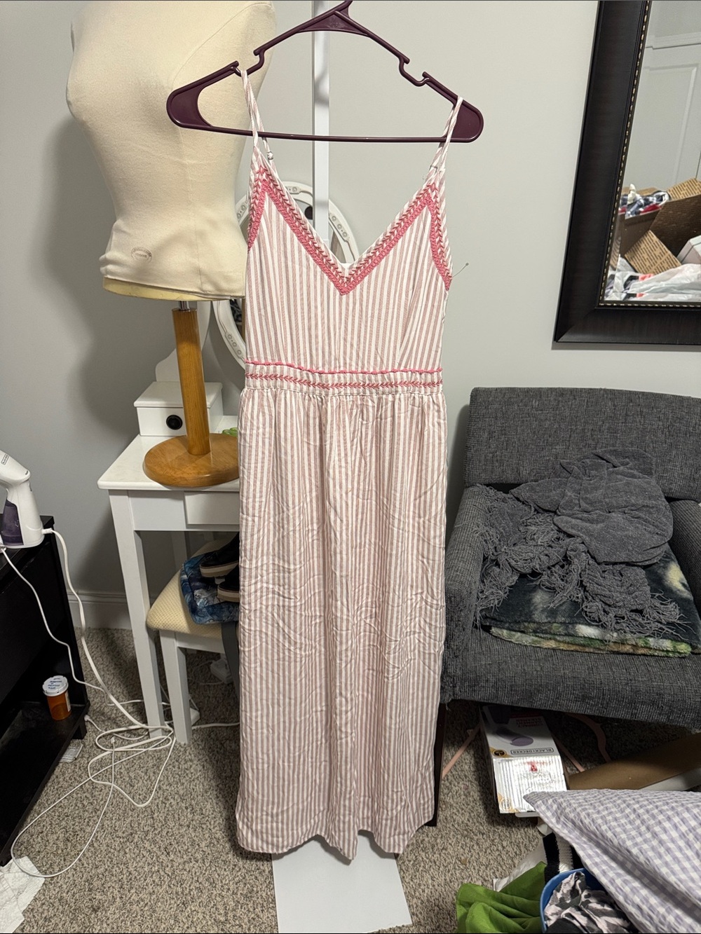 Japna Pink and White Striped Maxi Dress with Crochet Trim